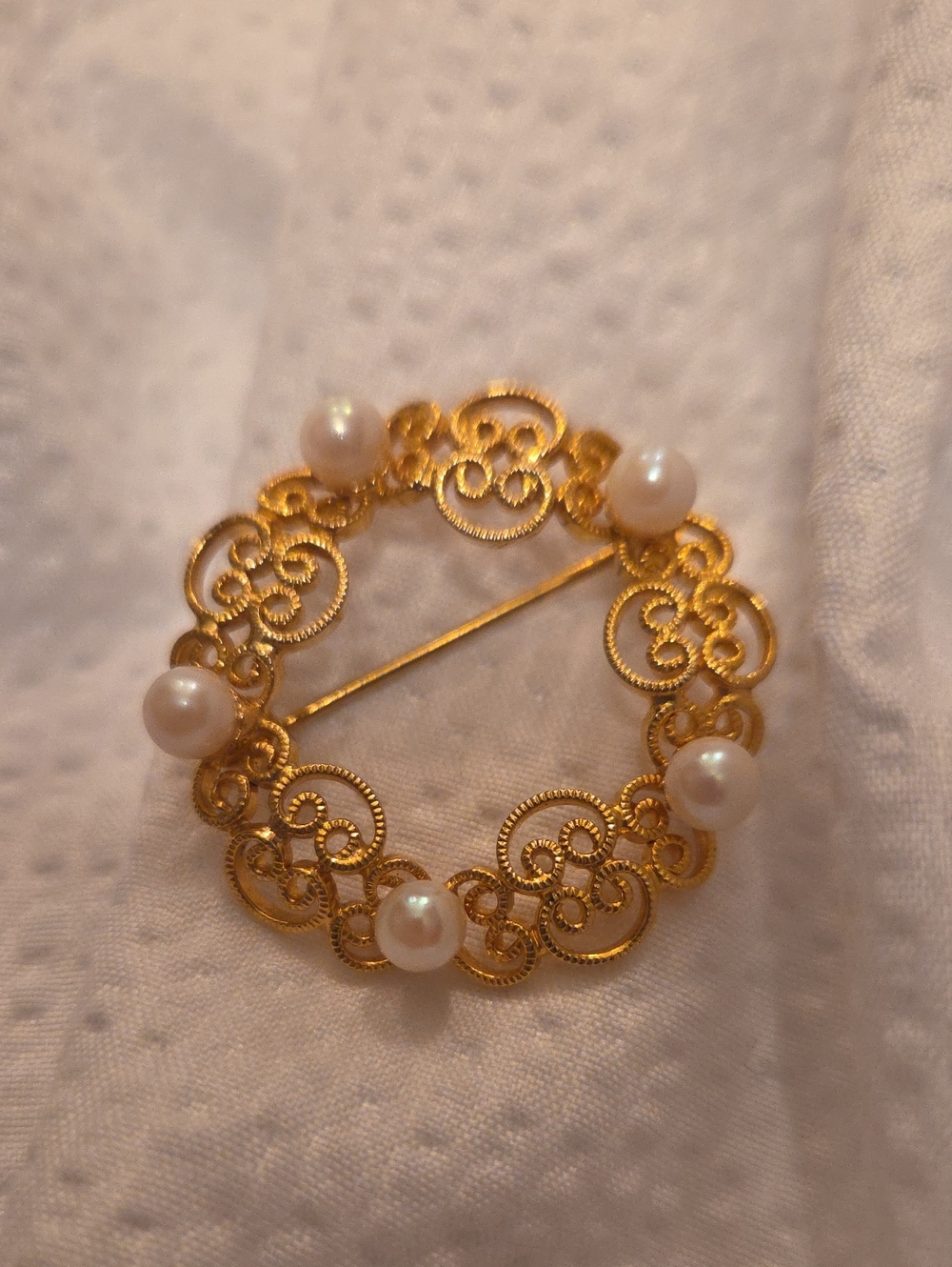 Gold Filigree Pearl Circle Brooch - Women's Jewelry